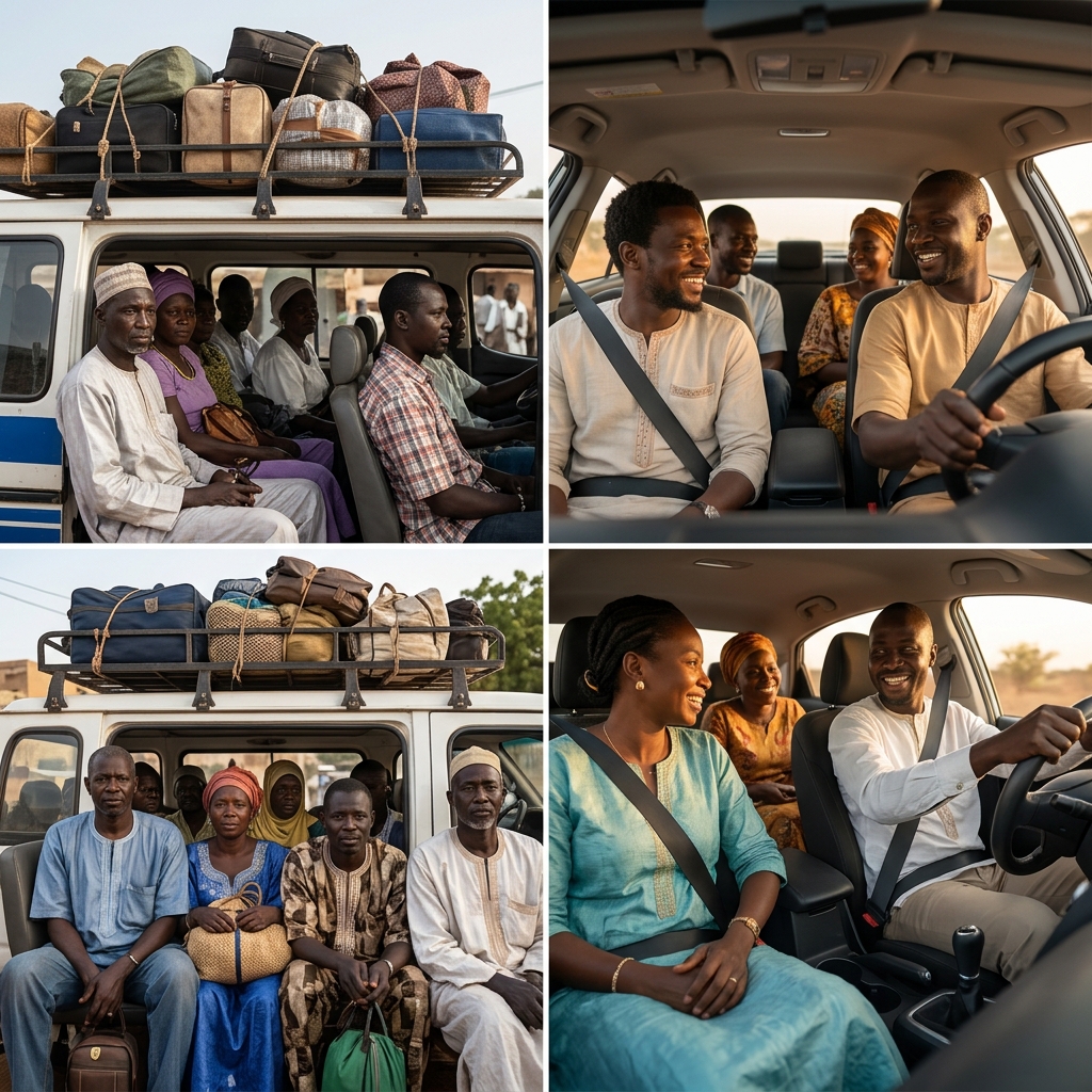 Covoiturage et transport de colis au Sénégal, conducteurs et voyageurs partageant un trajet